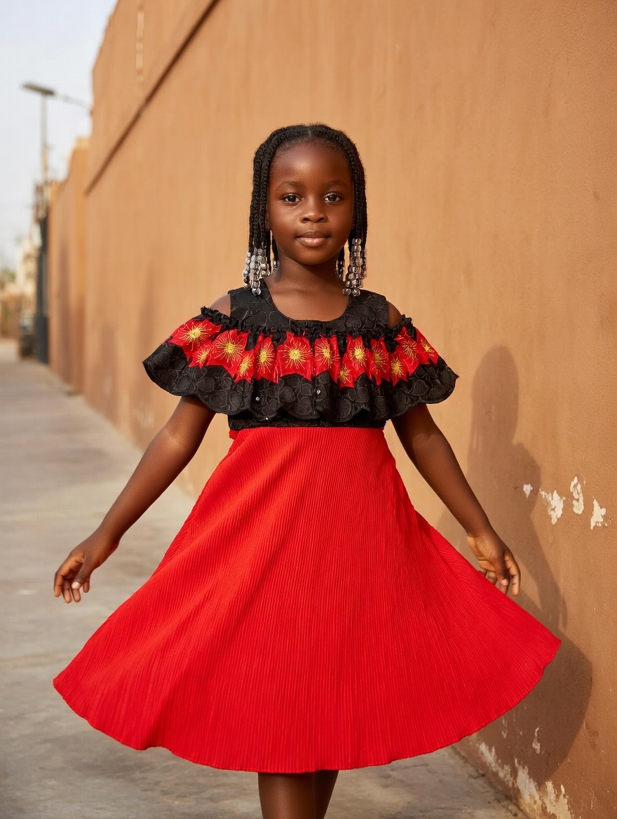 Robe rouge brodée et plissée Aïda