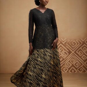 Robe longue à volant noir or