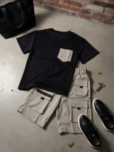 Ensemble tee-shirt noir et short cargo gris