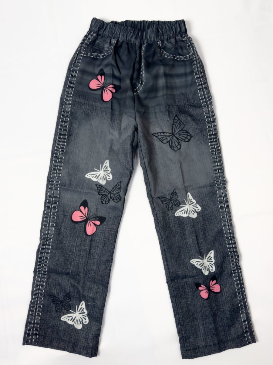 Pantalon effet jean noir à papillons